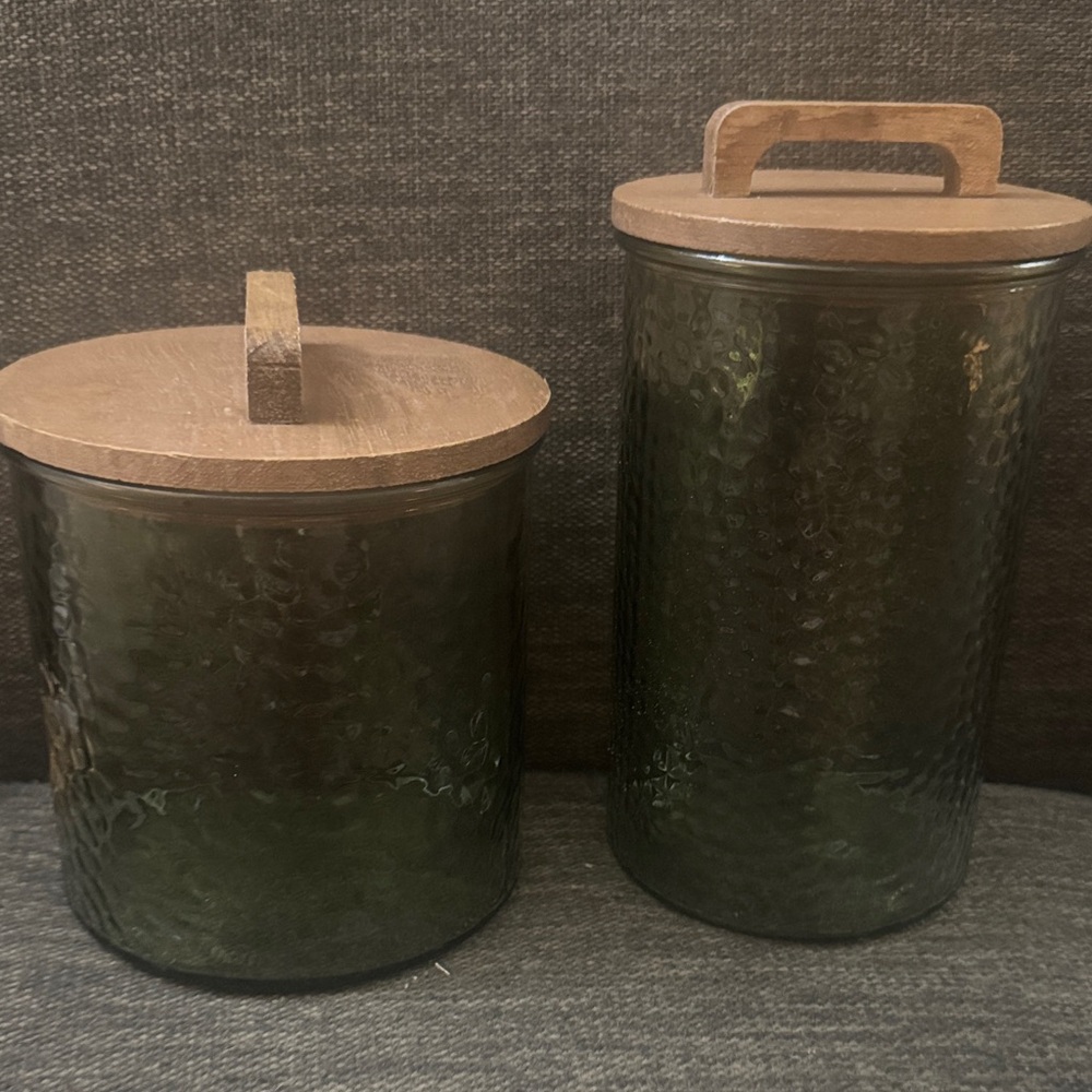 Green Glass Canister Set with Wooden Lids